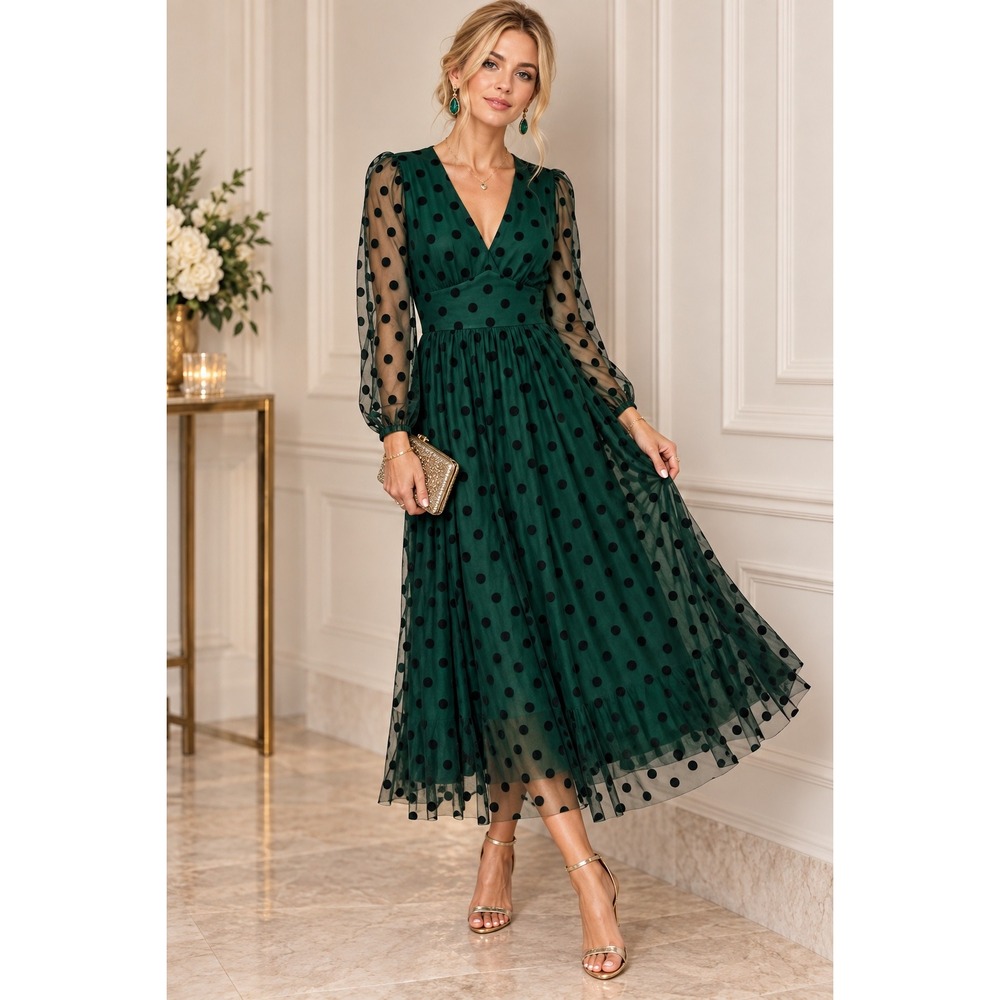 Boden Christina Tulle Midi Dress Velvet Polka Dot Emerald Green 2 Petite